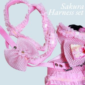 画像13: 愛犬用 犬服 ペット用 ハーネス SET 豪華 フリル ハーネス リード セット キラキラ 桜 ピンク メール便発送