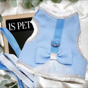 画像2: 高級IS PET ブルー ハーネス＆リードセット フリル フリル チュール 小型犬 チワワ プードル 春夏 お出かけ GW 旅行 上品ブルー