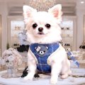 【メール便無料】愛犬用 犬服 ペット用 ハーネス SET 犬用 犬 可愛い ベア チェック柄 くま ハーネスセット 胴輪セット 可愛いハーネス 小型犬 散歩 旅行 軽量 簡単装着 ネイビー 紺