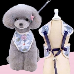 画像4: 【メール便無料】犬用 花柄 ハーネス＆リード 小型犬 旅行 散歩 胴輪セット 軽量 簡単装着 ブルー系