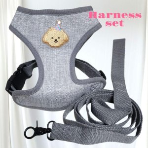 画像8: 犬用 犬 刺繍 ワッペン ハーネス リード セット 胴輪 胴輪セット 可愛いハーネス 小型犬 散歩 旅行 軽量 簡単装着 グレー