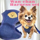 画像: 犬用 犬 刺繍 ワッペン ハーネス リード セット 胴輪 胴輪セット 可愛いハーネス 小型犬 散歩 旅行 軽量 簡単装着 紺 ネイビー
