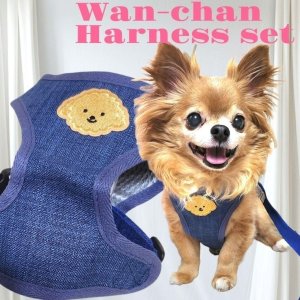 画像: 犬用 犬 刺繍 ワッペン ハーネス リード セット 胴輪 胴輪セット 可愛いハーネス 小型犬 散歩 旅行 軽量 簡単装着 紺 ネイビー