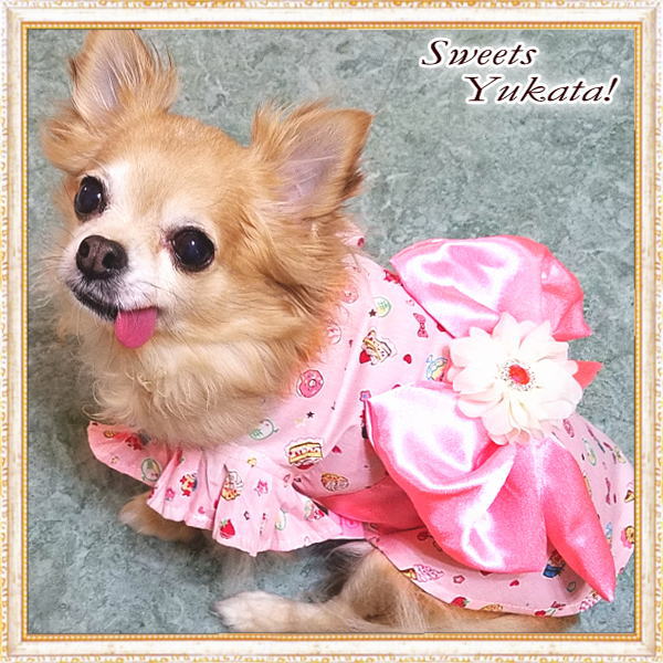 画像: 【新作】【犬 服】【1580円】【帯飾り付】可愛いスイーツ柄のフリル袖ゆかた【メール便OK】
