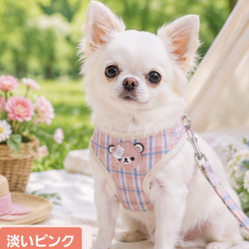 画像2: 【メール便無料】愛犬用 犬服 ペット用 ハーネス SET 犬用 犬 可愛い ベア チェック柄 くま ハーネスセット 胴輪セット 可愛いハーネス 小型犬 散歩 旅行 軽量 簡単装着 淡ピンク