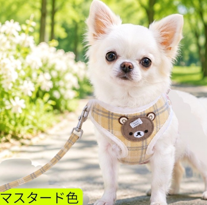 画像1: 【メール便無料】愛犬用 犬服 ペット用 ハーネス SET 犬用 犬 可愛い ベア チェック柄 くま ハーネスセット 胴輪セット 可愛いハーネス 小型犬 散歩 旅行 軽量 簡単装着 マスタード色