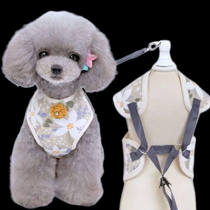 画像4: 【メール便無料】犬用 花柄 ハーネス＆リード 小型犬 旅行 散歩 胴輪セット 軽量 簡単装着 ベージュ系