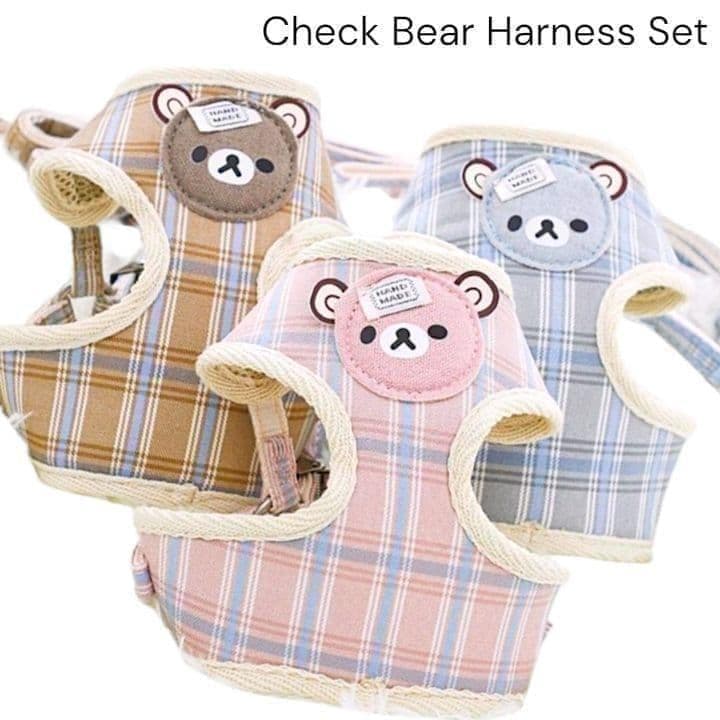 画像13: Sale中【メール便無料】愛犬用 犬服 ペット用 ハーネス SET 犬用 犬 可愛い ベア チェック柄 くま ハーネスセット 胴輪セット 可愛いハーネス 小型犬 散歩 旅行 軽量 簡単装着 グレー