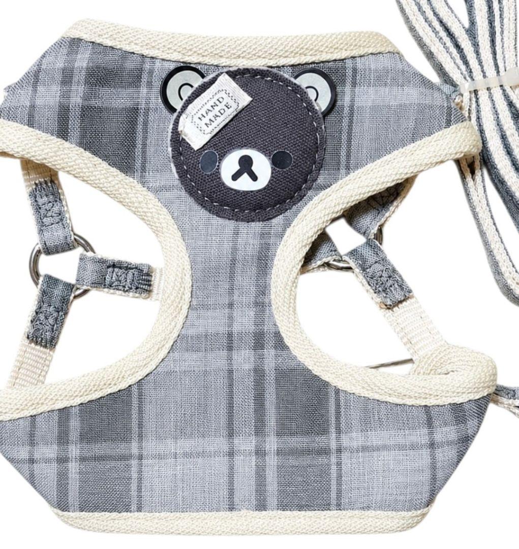 画像5: Sale中【メール便無料】愛犬用 犬服 ペット用 ハーネス SET 犬用 犬 可愛い ベア チェック柄 くま ハーネスセット 胴輪セット 可愛いハーネス 小型犬 散歩 旅行 軽量 簡単装着 グレー